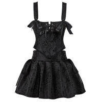 Black jacquard summer womens dress retro court waist gather shoulder straps and chest bone coat