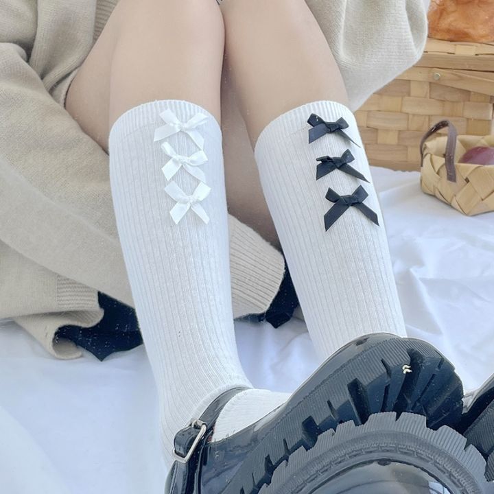 2022-sweet-bow-stockings-for-women-cute-black-white-lolita-long-socks-girls-knee-high-socks-kawaii-high-school-student-jk-socks