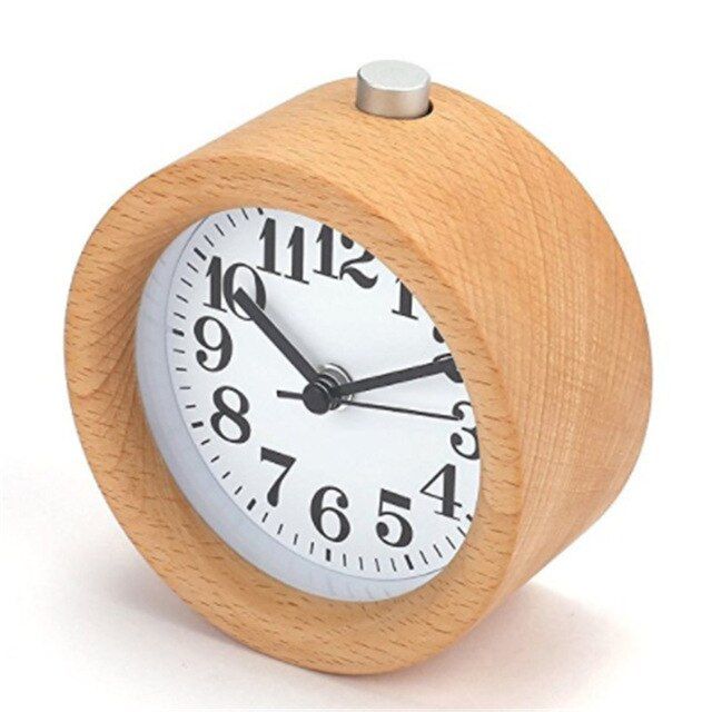 นาฬิกาปลุกตั้งโต๊ะไฟเงียบไม้กลมเล็กคลาสสิกแฮนด์เมดมีโคมไปตั้งโต๊ะสำหรับส่งของที่บ้าน