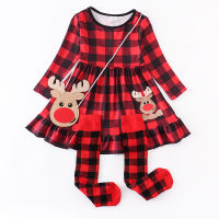 Girlymax Christmas Deer Baby Girls Dress Plaid Cotton Boutique Clothes Knee Length Match Necklace Sock Purse Bow and Necklace