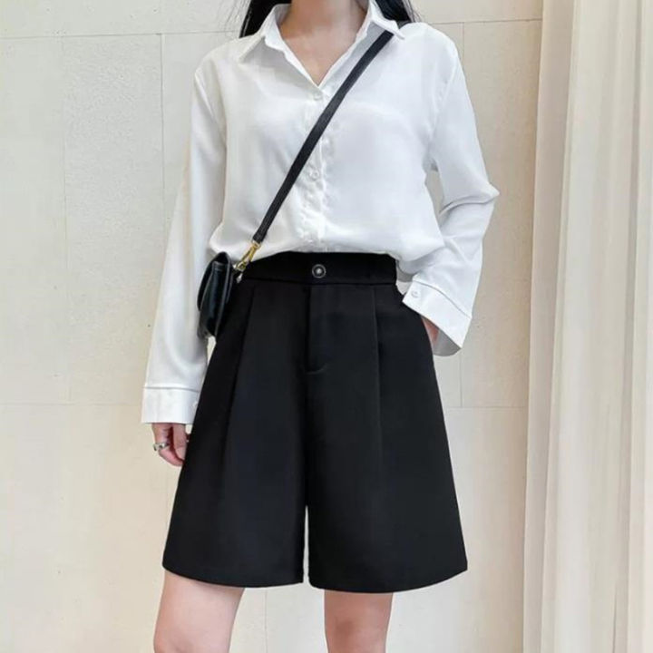 shenghao-กางเกงขาสั้นเอวสูงแบบลำลองสำหรับผู้หญิงกางเกงชุดสตรีทเอวยางยืดยาวถึงเข่าขากว้างฤดูร้อน