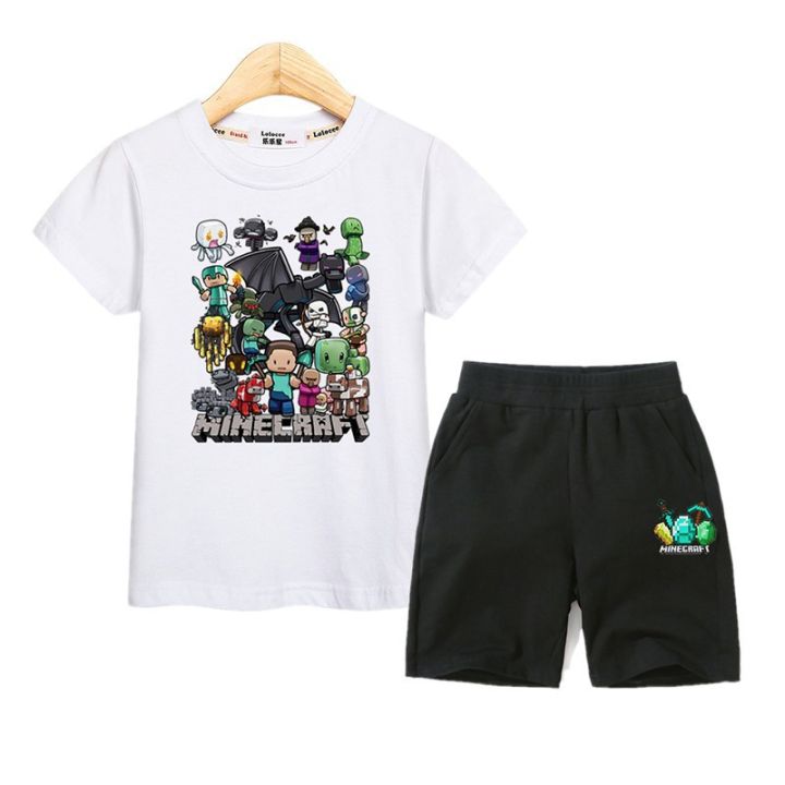 เสื้อผ้า-minecraft-เด็กเสื้อยืดและกางเกงขาสั้น-2-piece-suit-kid-clothes-minecraft-boy-set