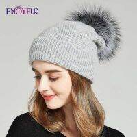 [Hana Clothing Store] ENJOYFUR หมวกฤดูหนาวสำหรับผู้หญิงขนสัตว์ธรรมชาติ Pompom หมวกขนสัตว์อบอุ่น Slouchy Beanies สำหรับหญิงแฟชั่น Skullies หมวกผู้หญิง