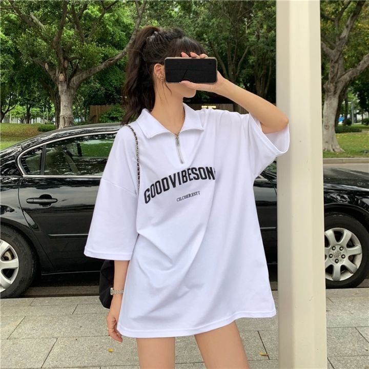 dahong-เสื้อยืดแฟชั่นไซส์ใหญ่-oversize-เสื้อสาวอวบ-แต่งซิปครึ่ง-2434