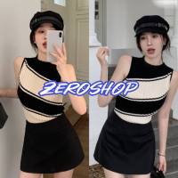 Zero shop?พร้อมส่ง? (Zero-54170) (ขายแค่เสื้อ)กล้ามผ้าร่อง ดีเทลลายทางใหญ่ๆ สีดำครีม C