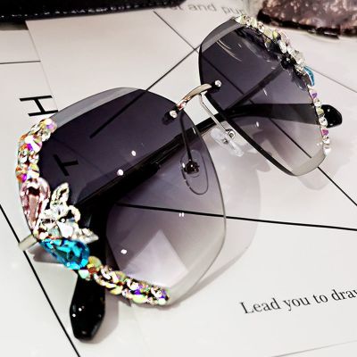 The New Fashion Sunglasses Uv Ms Big Face Show Thin Diamond Frameless Sunglasses Female Ins Han Edition Tide