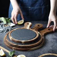 Slate Dinner Plate Round Shape with Wooden Dish Sushi Steak Barbecue Plate Cheese Pizza Flat Fruit Plate Dinnerware Set Plates