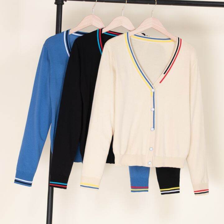 เสื้อคาร์ดิแกนถักสำหรับผู้หญิงสีดำเสื้อสเวตเตอร์ถักสไตล์-mode-korea