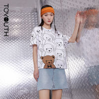 Toyouth Women Tees 2021 Summer Short Sleeve Round Neck Loose T-shirts Teddy Bear Print Contrast Colored Casual Tops