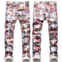 2022 New Album Printing Cola Girl Europe And America Cross Border Export E-Commerce Red Stretch Mens Denim Trousers