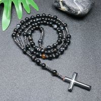 ZZOOI Hematite Cross Pendant Necklace Men Women Catholic Christ Rosary Necklaces Strip Black Agate Stone Beads Buddha Necklace Jewely