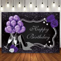 Happy Birthday Party Backdrop Purple Sliver Background Glitter Balloon Decor Banner for Women 30th 40th 50th 60th Photo Booth Banners Streamers Confet