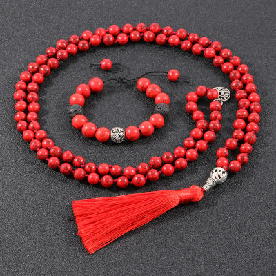 OAIITE Meditation Yoga Mala Necklace 108 Beads Necklace Red Turquoise Stone Necklace Bracelet Set Blessing Healing Jewelry