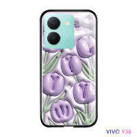 Volans สำหรับ Vivo Y36 Y36 5G เปลือกนิ่มลายดอกไม้สามมิติหรูหราเคสกันกระแทกกระจกเทมเปอร์เรียบเคสโทรศัพท์