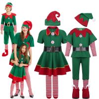 Christmas Adult Kids Santa Claus Cosplay Costume Men Women Girls Boy Green Elf Family Matching Outfits Carnival Party Family Set