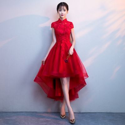 เจ้าสาว2021ฤดูใบไม้ผลิสีแดงจีนชุดราตรีผู้หญิง Hollow Out ชุดปาร์ตี้แบบไม่ธรรมดา Qipao Cheongsam โมเดิร์น