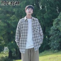 TIDE BEAR เสื้อลายสก๊อตเสื้อเชิตลำลองลายสก๊อตศิลปะแสงไฟสีเสื้อเชิ้ตลายสก๊อตผู้ชายบางเสื้อตัวหลวมแขนยาวลำลอง