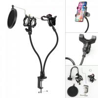 3 In 1 Microphone Stand Phone Clamp Mount Holder with Microphone Flexible WindScreen Arm cket 360 Degrees Stand Accessories