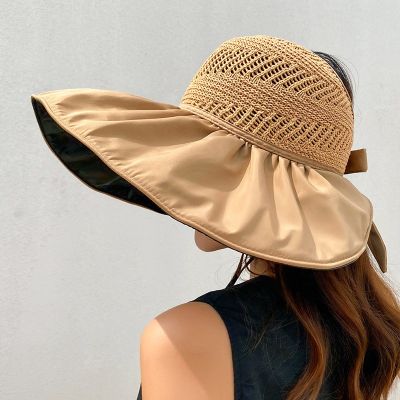 【CC】Summer Women Bucket Hat UV Protection Big Wide Brim Beach Sun Hats Empty Top Caps Ponytail Caps Bows Ladies Girls Panama Caps