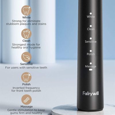 Fairywill แปรงสีฟันไฟฟ้าแบบชาร์จไฟได้หัวเปลี่ยนแปรง8ชิ้นสำหรับชาร์จ USB แปรงสีฟันไฟฟ้าพลังคลื่นเสียง E11กันน้ำได้