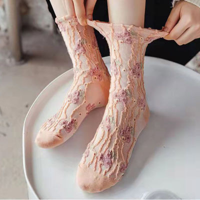 ของแท้คุณภาพสูงแบบลูกเรือนุ่มชุ่มชื้นถุงเท้าซับเหงื่อลายดอกไม้3D ถุงเท้ายาวลำลองสำหรับผู้หญิงถุงเท้ารองเท้า