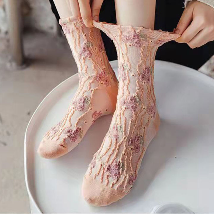 ของแท้คุณภาพสูงแบบลูกเรือนุ่มชุ่มชื้นถุงเท้าซับเหงื่อลายดอกไม้3d-ถุงเท้ายาวลำลองสำหรับผู้หญิงถุงเท้ารองเท้า