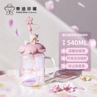 [Available in all seasons] Teddy Collection Cherry Blossom Cat High Borosilicate Glass Straw Cup Large Capacity Heat Resistant Cup cup mug glass