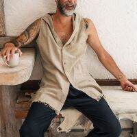 【Mens clothing】วินเทจผ้าลินินเสื้อ TTop ผู้ชายแขนกุดคอ V Looseblousew ชายแฟชั่น WaistcoatVest Streetwer