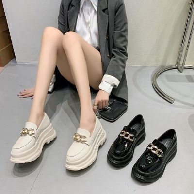 21 autumn new tent leather le sgle shoes high heels thick bottom muff wedge ner height re womens shoes 7cm sgle shoes