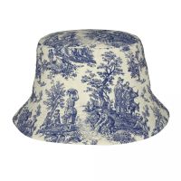 [Hat vendor]แฟชั่น Toile De Jouy สีน้ำเงินหมวกทรงถังผู้หญิงผู้ชายสีกรมท่าฝรั่งเศสลวดลายกลางแจ้งดวงอาทิตย์หมวกชาวประมงฤดูHat vendor