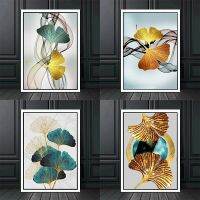 Golden Plant Gingko Leaf โปสเตอร์บทคัดย่อภาพวาดผ้าใบ Wall Art รูปภาพสำหรับห้องนั่งเล่น Modern Home Decor ผ้าใบพิมพ์ Art New