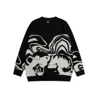 【YD】 Lovers Print Spliced Streetwear Pullover Mens Sweaters Round Neck Hip Hop Knitted Oversized