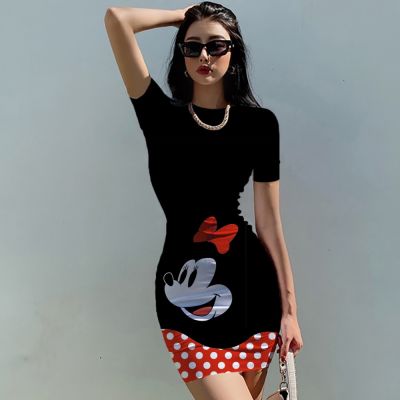 2022 Disney Mickey Mouse cartoon print sexy tight fitting dress summer fashion bag hip beach party High street dresses Everyday