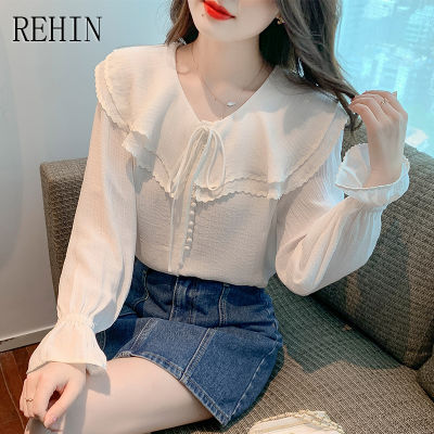 REHIN เสื้อผู้หญิงสไตล์เกาหลีแบบใหม่คอตุ๊กตา,เสื้อแขนยาวผ้าชีฟองหรูหรา