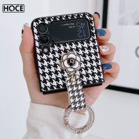 HOCE เคสโทรศัพท์กากเพชร Houndstooth Camellia สุดหรูสำหรับ Samsung Galaxy Z Flip 3 Flip 4พร้อมตัวยึดห่วงยืนสำหรับ Zflip4 Zflip3ฝาครอบด้านหลังกันกระแทก