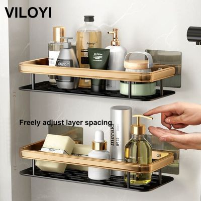 卍❁▬ VILOYI Shower Shelf Thickened Space Aluminum Bathroom Shelves Black Gold Self Adhesive Wall Mounted Square Shampoo Storage Racks