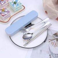 [ในสต็อก จัดส่ง 3 วัน]Stainless steel portable cutlery floor push gift set three-piece spoon fork chopsticks outdoor trip