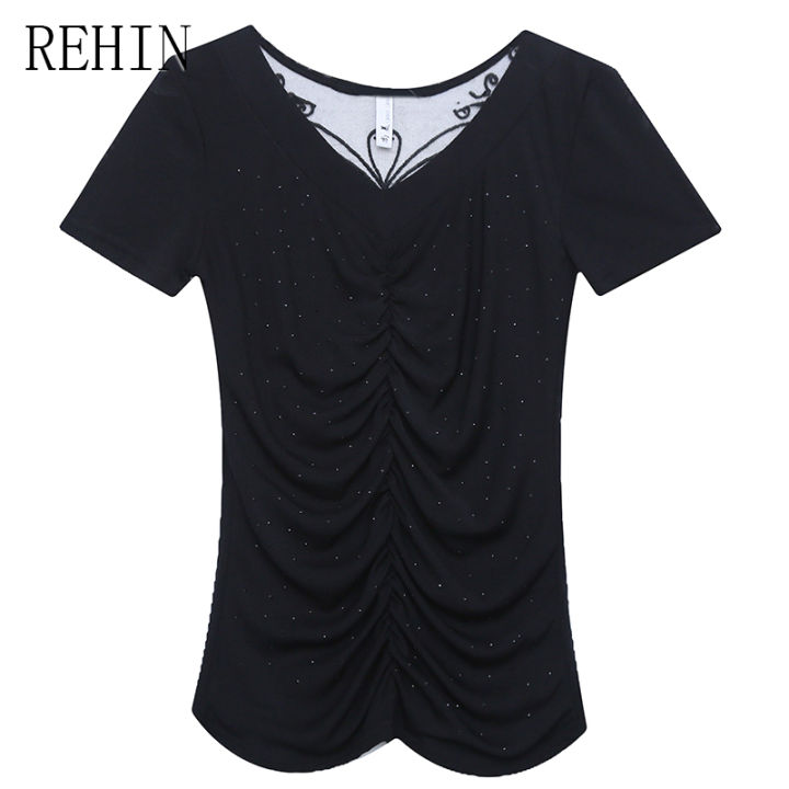 rehin-เสื้อลูกไม้แขนสั้นสำหรับผู้หญิง-สว่านร้อนหนักสไตล์ยุโรปเสื้อยืดอินเทรนด์เสื้อเชิ้ตสีพื้นเข้ารูป