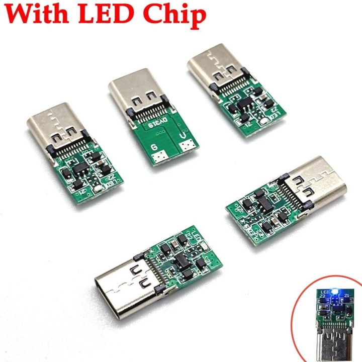 type-c-usb-24pin-female-plug-welding-connector-adapter-with-led-chip-green-blue-white-light-type-c-pd-9v-20v-charging-plugs