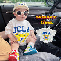 หมีเหลือง UCLA ชุดหมีสำหรับเด็กเด็กผู้ชายเด็กผู้หญิงจัมพ์สูททรงสามเหลี่ยม0-2ปีใส่ได้ทั้งชายและหญิงชุดรอมเปอร์แขนสั้นสไตล์เกาหลีสำหรับฤดูร้อน0000