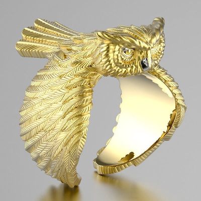 [MM75] แฟชั่นบิ๊กโกลเด้นโลหะนกฮูกแหวนนกสัตว์เครื่องประดับผู้ชายผู้หญิงพังก์เย็นบินปีกขนนกแหวนนิ้วฮิปฮอป