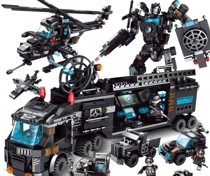 เลโก้ตำรวจ-หุ่นยนต์-แปลงร่าง-ตัวต่อเลโก้-8-in-3-820-ชิ้น-หน่วยสวาท-swat-series-black-เลโก้