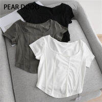 PEAR DODO เสื้อยืดคอสี่เหลี่ยมลายก้างปลาเกาหลีเสื้อเอวลอยโชว์สะดือสำหรับผู้หญิง