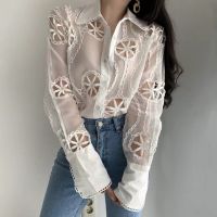 Spring Long Sleeve White Blouse Women Sexy Hollow Floral Embroidery Female Shirt Tops Vintage Loose Casual Blouses Blusas 13369