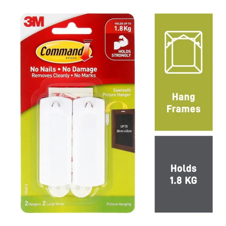 3M Command Sawtooth Picture Hanging 1 Hanger 2 Strips Holds up to 1.8kg