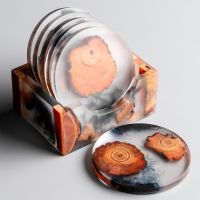 Pine Wood Resin Coasters with Holder Rack Unique Heat-Resistant Placemats Drinks Mat Waterproof Non-Slip Tea Cup Pad