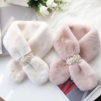 TWINKLE1 Women Neck Warmers Winter Warm Scarfs Plush Scarfs Pearl Cross Fashion Imitation Rabbit Fur Thicken ShawlMulticolor