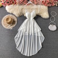 ✼✕ 2022 Summer Black/White V-Neck Irregular Spaghetti Strap Long Dress Feminine Off Shoulder High Waist Ruffle Sling Halter Dress