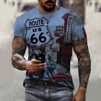 Summer 66 Highway Graphic Printed 3D T Shirt Vintage Casual Round Neck Fashion Short Sleeve Men Streetwear T-Shirt