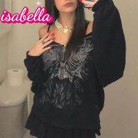 Isabella ผู้หญิง Hoodie ถนนวินเทจผีเสื้อ Y2k คาร์ดิแกนฮู้ดกอธิคพังก์แจ็คเก็ตผู้หญิง